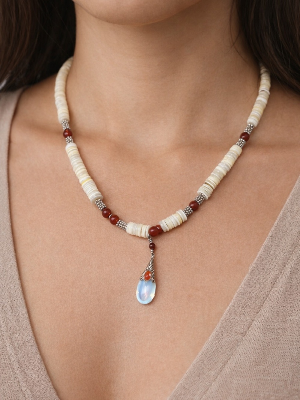 Moonstone Pendant Necklace Carnelian Agate beads Mother of Pearl disc 19”